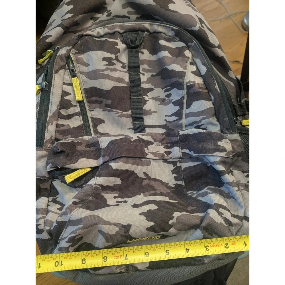 Lands' End Backpack Camo 3 Zip Large Pockets 2 Bottle Pockets Black Gray Yellow